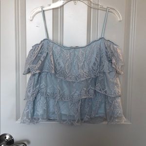 Light Blue Ruffle Lace Off the Shoulder Shirt